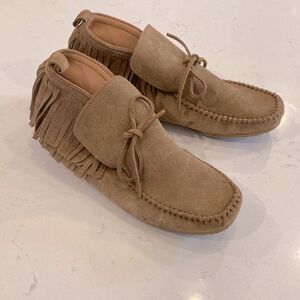 Zara camel brown genuine leather suede fringe moccasin shoes size 39